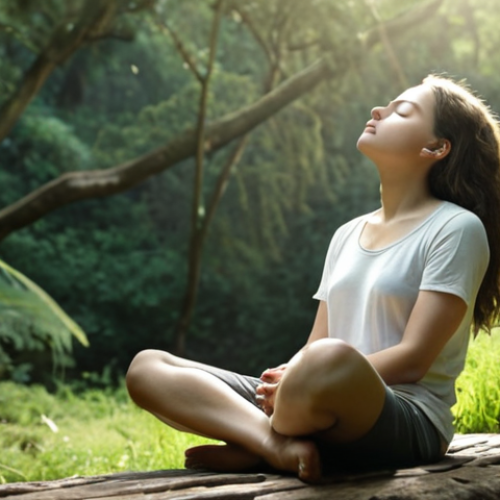 Home 19 **
A person sitting comfortably with eyes closed, focusing on their breath. Soft, natural lighting and a peaceful background, possibly nature-inspired. The scene evokes calm and mindfulness.
**