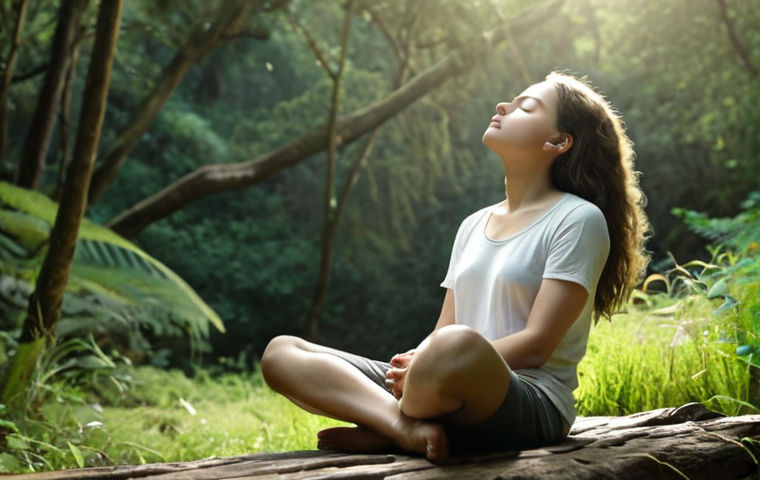 **

A person sitting comfortably with eyes closed, focusing on their breath. Soft, natural lighting and a peaceful background, possibly nature-inspired. The scene evokes calm and mindfulness.

**