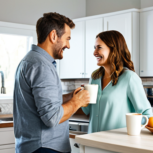 Home 17 A cheerful, family-friendly scene featuring an adult couple in a brightly lit, modern kitchen. One person, wearing modest and appropriate casual clothing, is gracefully handing a mug of coffee to their partner. The receiving partner, also fully clothed in comfortable, modest attire, looks up with a genuine smile, expressing clear gratitude. The background features a clean kitchen counter with a few simple breakfast items, bathed in soft morning light. safe for work, appropriate content, fully clothed, professional, perfect anatomy, correct proportions, natural pose, well-formed hands, proper finger count, natural body proportions, high-quality photography, studio lighting.