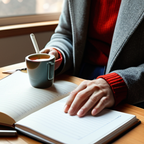 Home 8 **
A person journaling about their "habit stacking" progress in a cozy, sunlit room, fully clothed in comfortable attire, a cup of tea nearby, safe for work, appropriate content, perfect anatomy, natural pose, professional, family-friendly setting.
**
